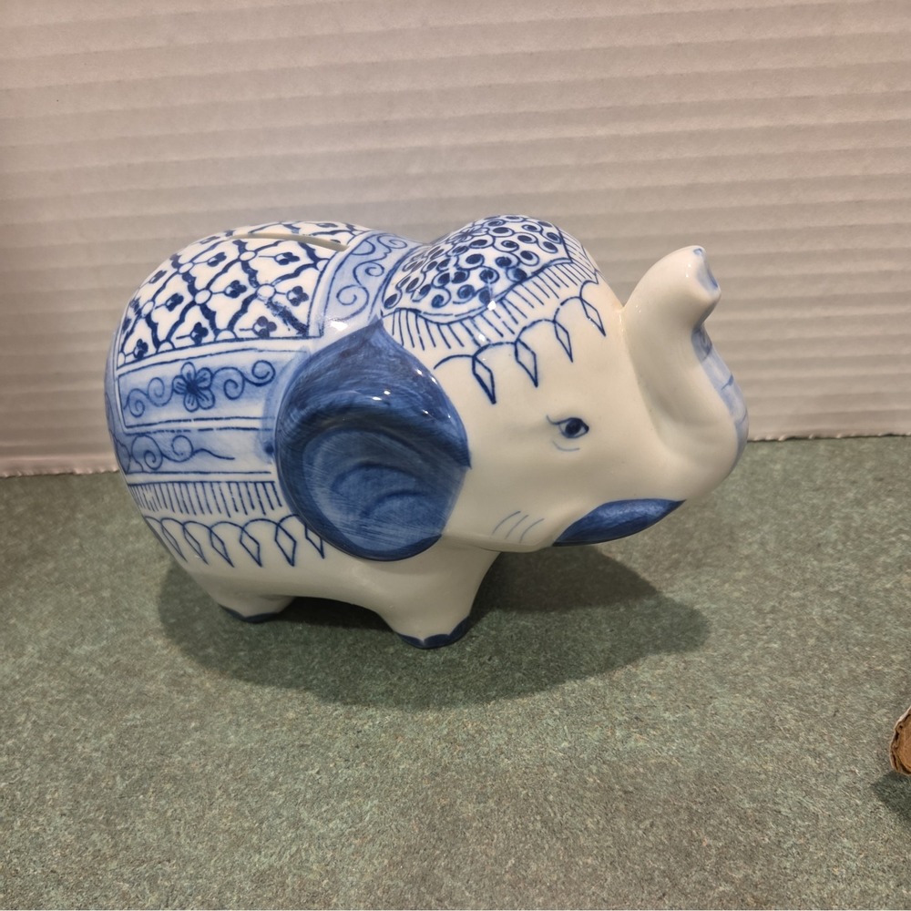 Blue Ceramic Asian influence elephant bank with stopper